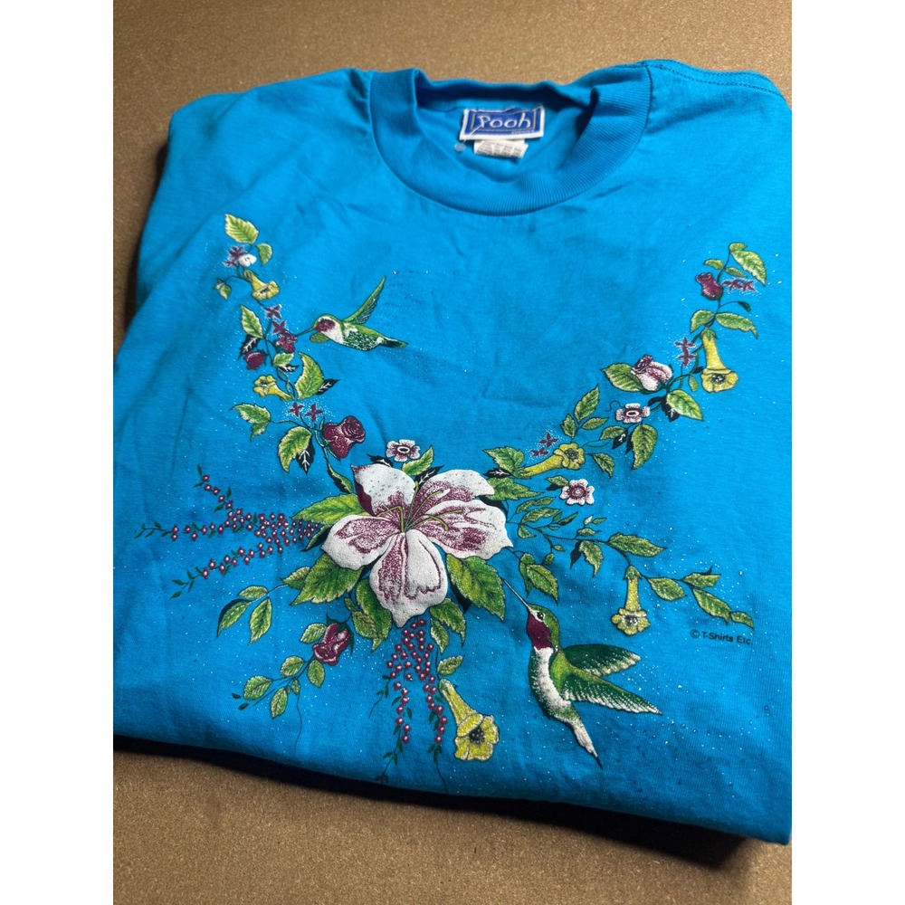 Vintage Pooh Disney Hummingbird Floral Blue T-Shirt Large USA Made Glitter 2655